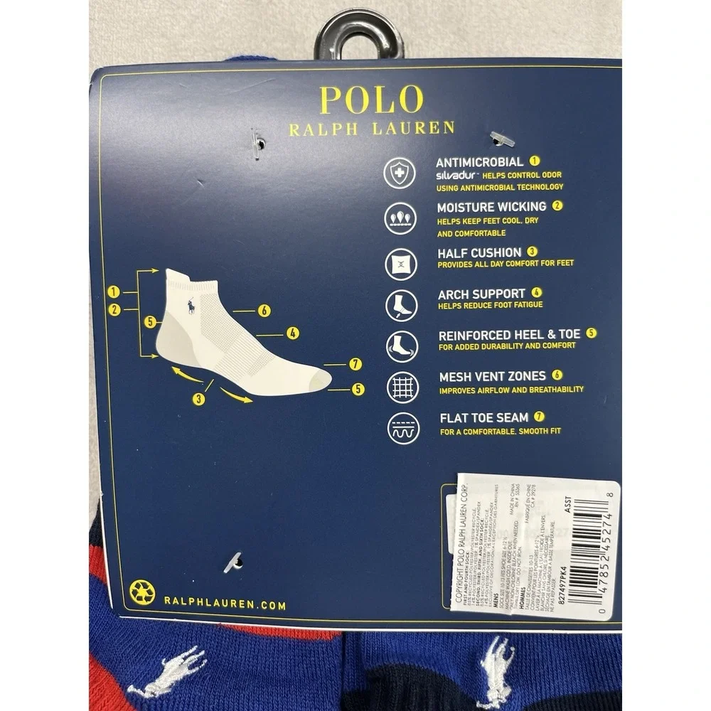 Polo Ralph Lauren 6 Pairs Socks Men 10-13 Multicolor Low Cut Tab Performances